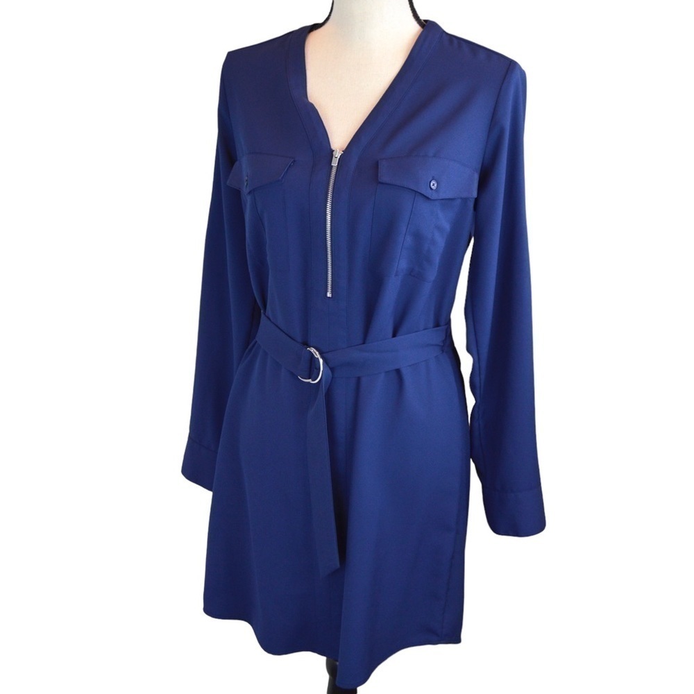 Express Belted Half Zip Roll Tab Sleeve Casual Dress, Navy Blue - Small